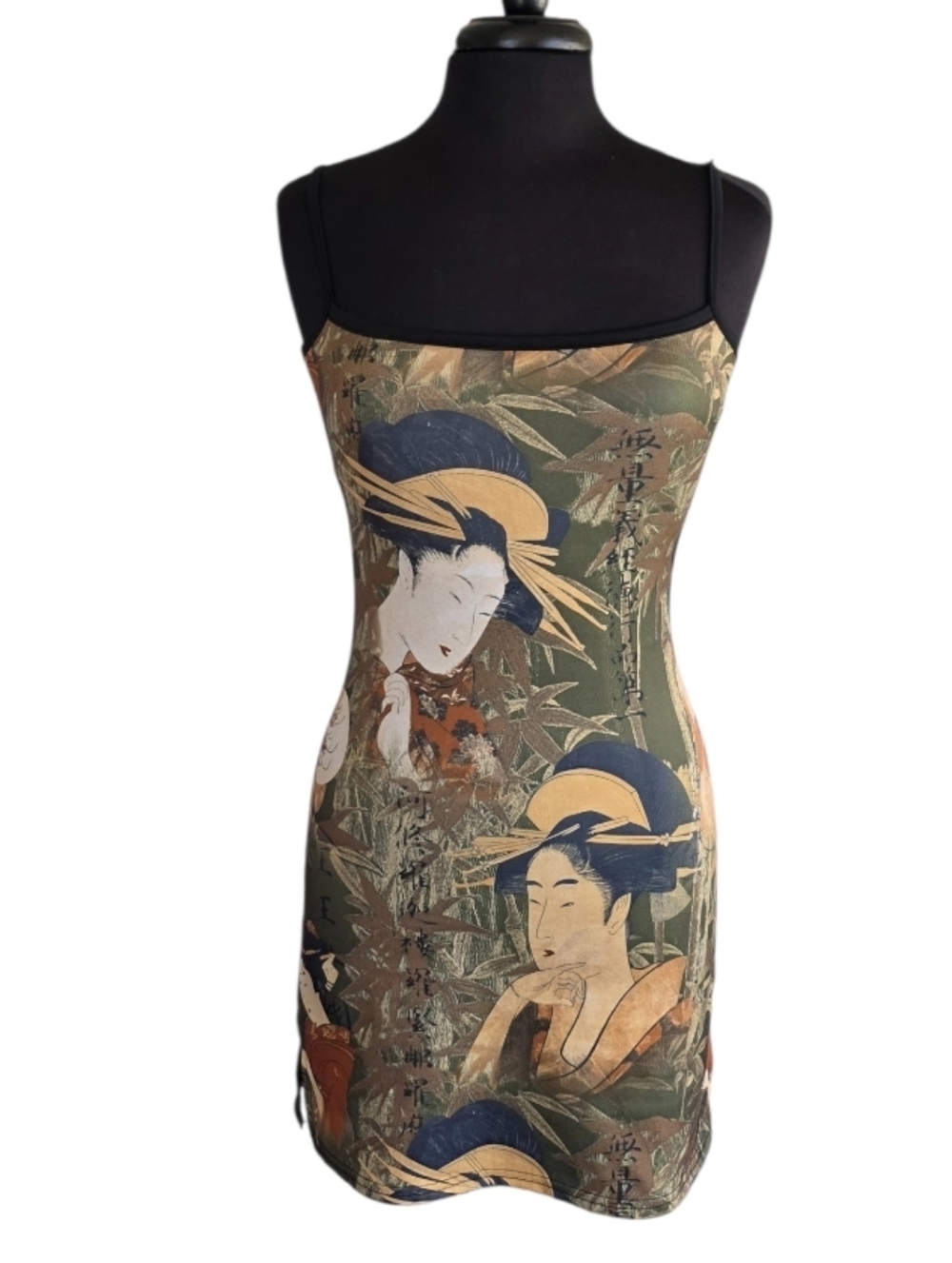 Vintage 90s Giesha Green Ukiyo-e Print Mini Dress Ing C USA Iconic Bodycon